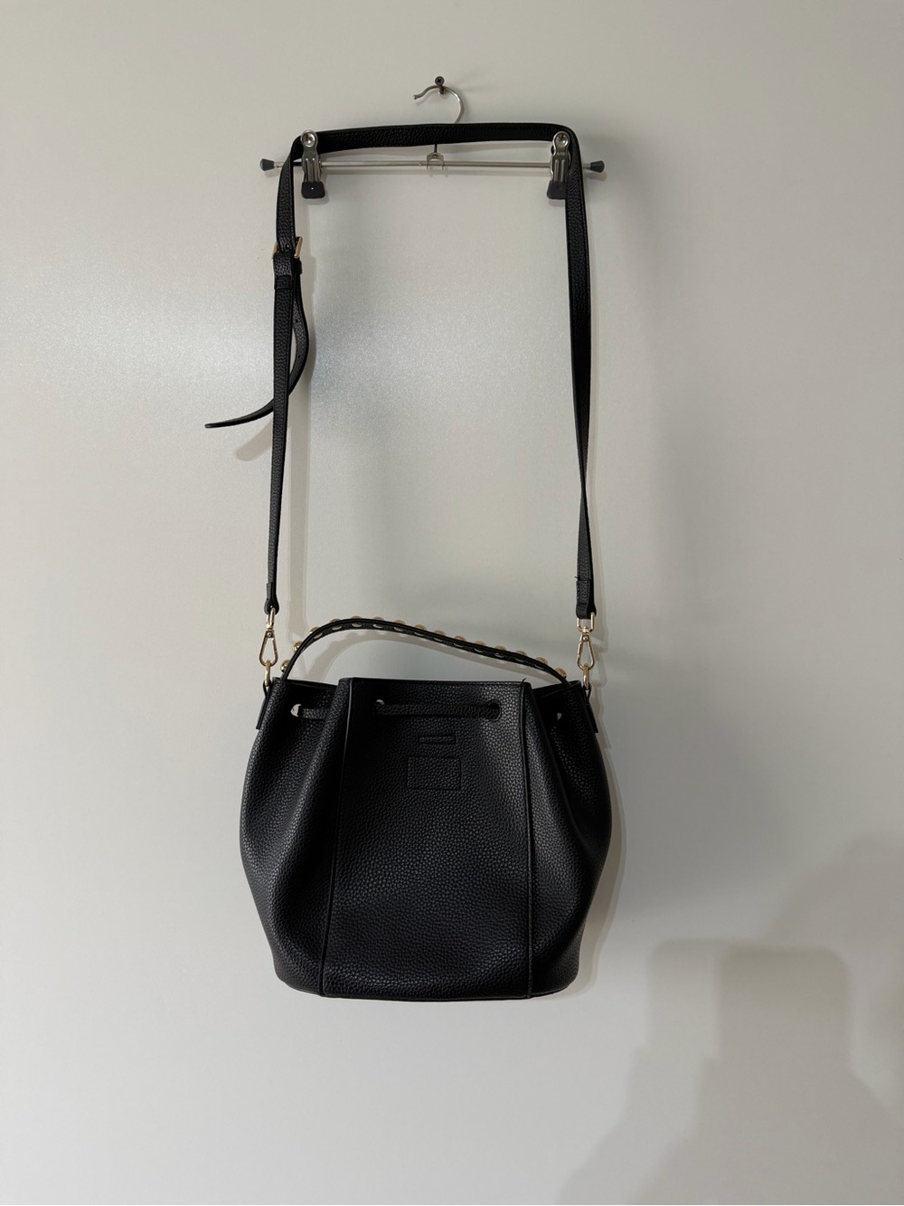 Black Pebbled Drawstring Shoulder Bag with Chain-Trim Handle